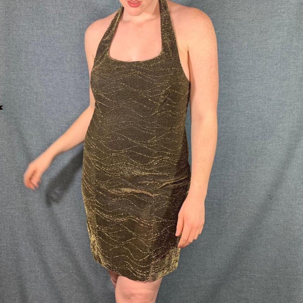 Vintage All That Jazz Gold Bodycon Halter Mini Dress, Size 9/10.
